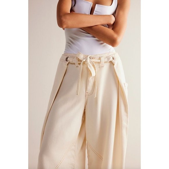 Free People Dunes Wide-Leg Jeans In Ivory Size 26 Retro Y2k Cargo Pants - Picture 4 of 6